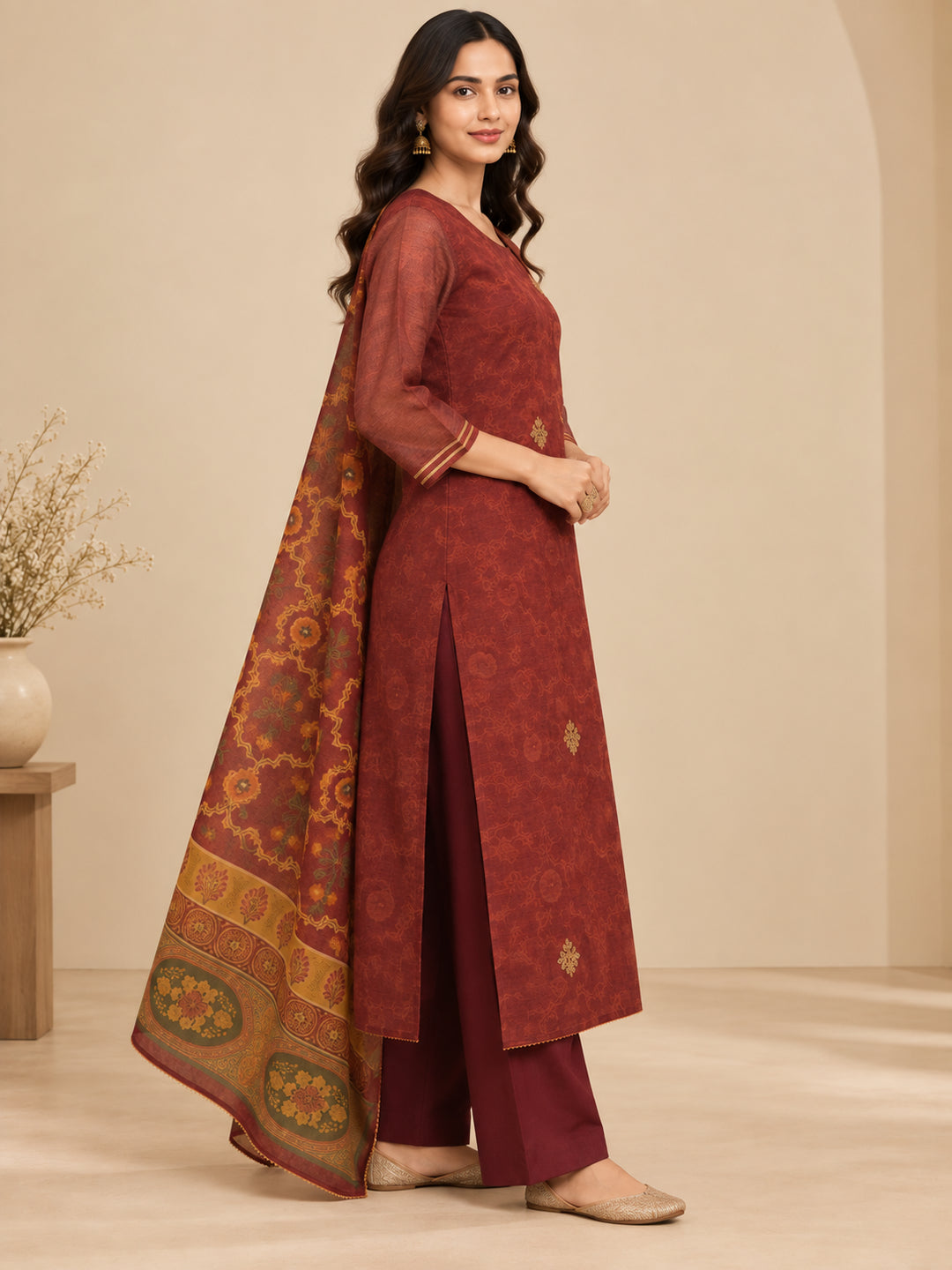 Floral Embroidered Straight Pure Cotton Kurta & Trousers Sets