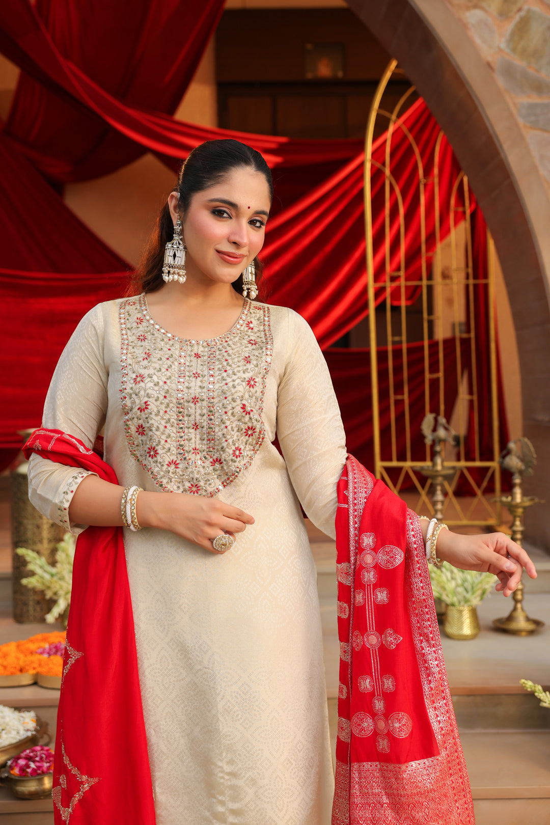 Floral Embroidered Straight Kurta & Trousers Sets