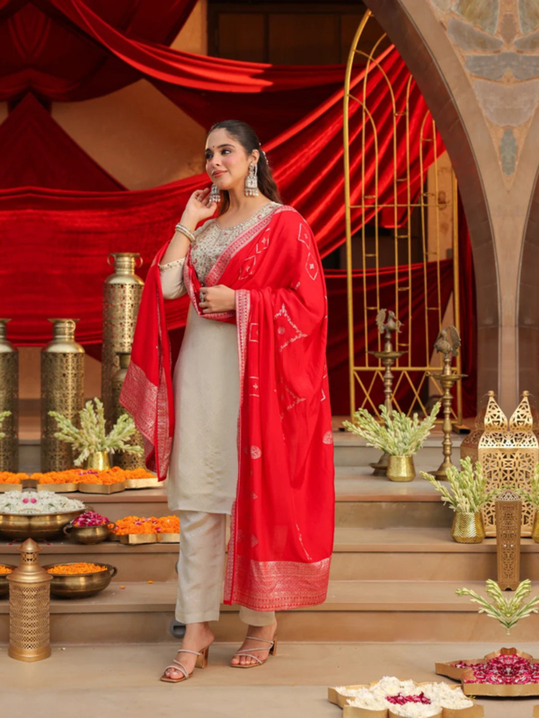 Floral Embroidered Straight Kurta & Trousers Sets