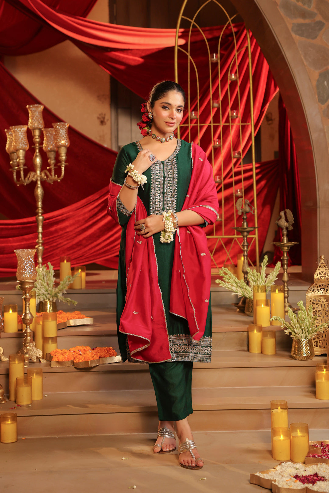 Floral Embroidered Straight Kurta & Trousers Sets