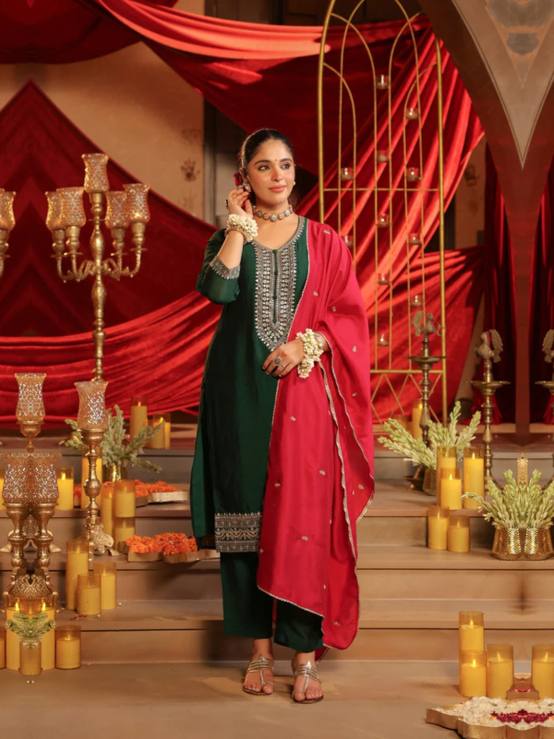 Floral Embroidered Straight Kurta & Trousers Sets
