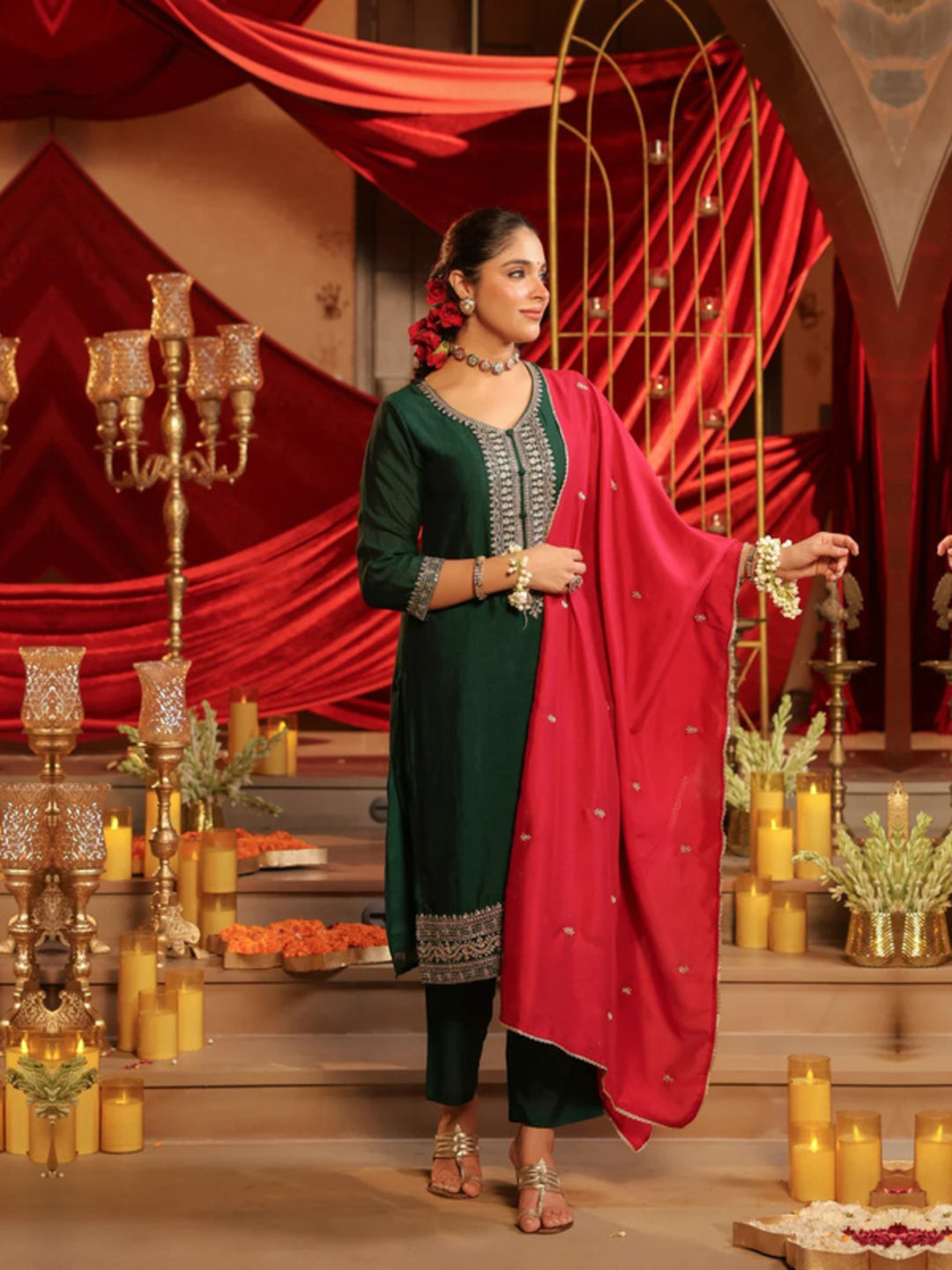 Floral Embroidered Straight Kurta & Trousers Sets