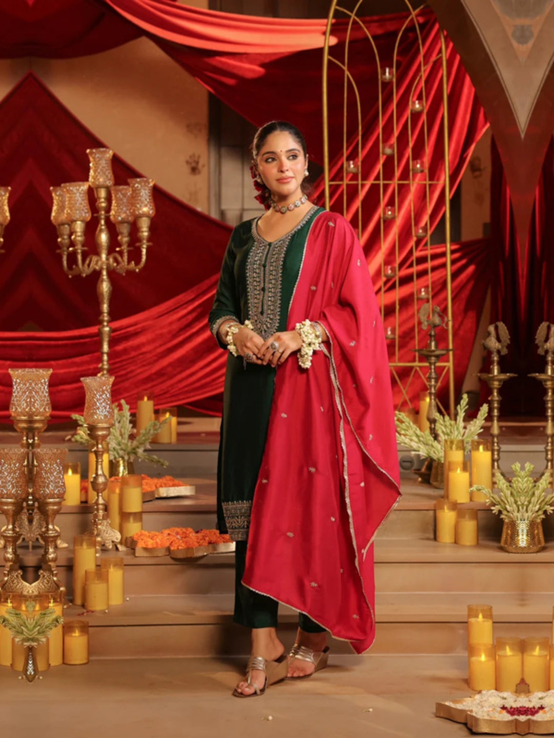 Floral Embroidered Straight Kurta & Trousers Sets