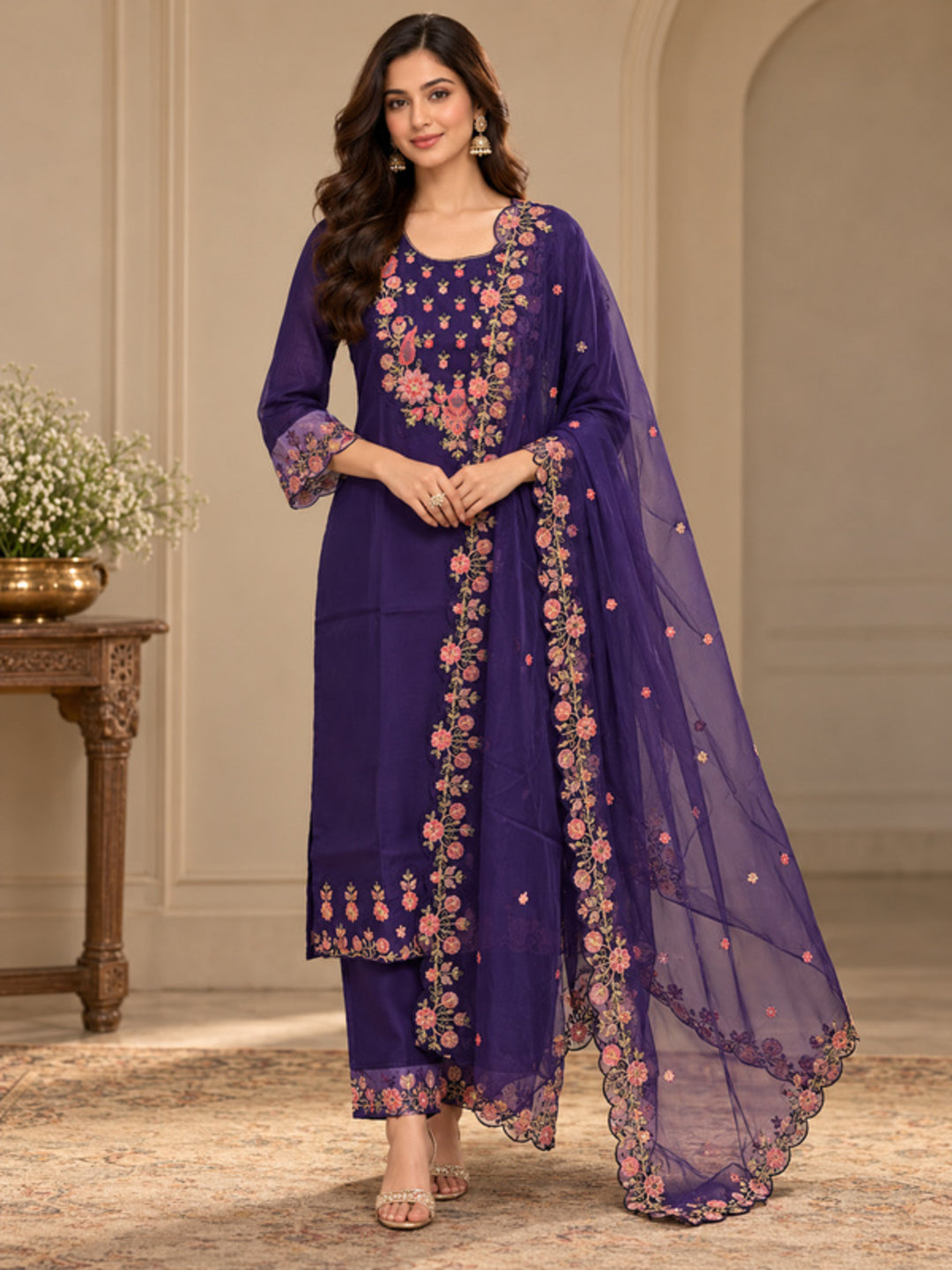Floral Embroidered Straight Silk Blend Kurta & Trousers Sets