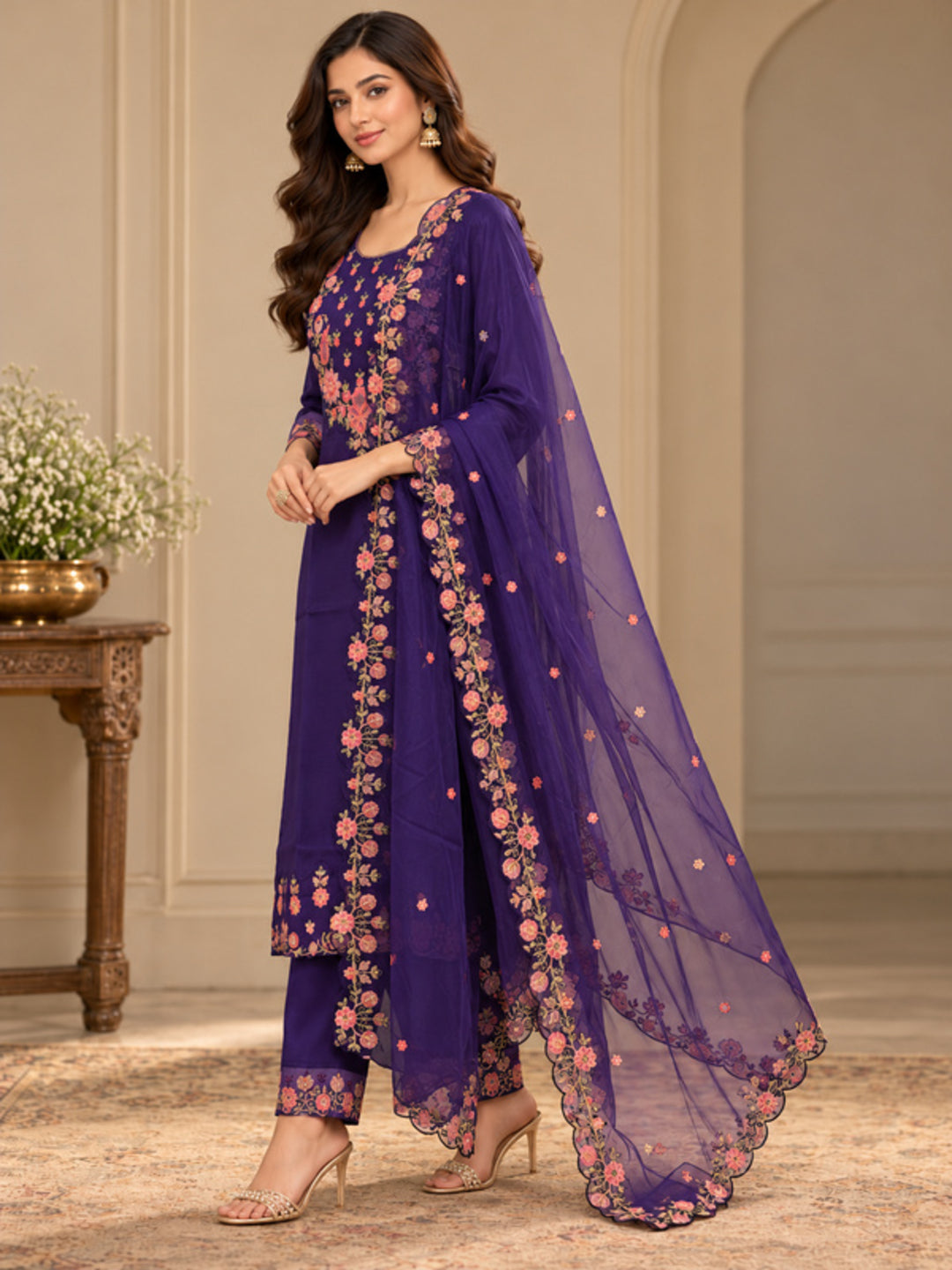 Floral Embroidered Straight Silk Blend Kurta & Trousers Sets
