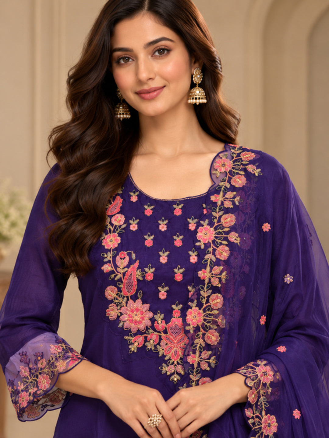 Floral Embroidered Straight Silk Blend Kurta & Trousers Sets
