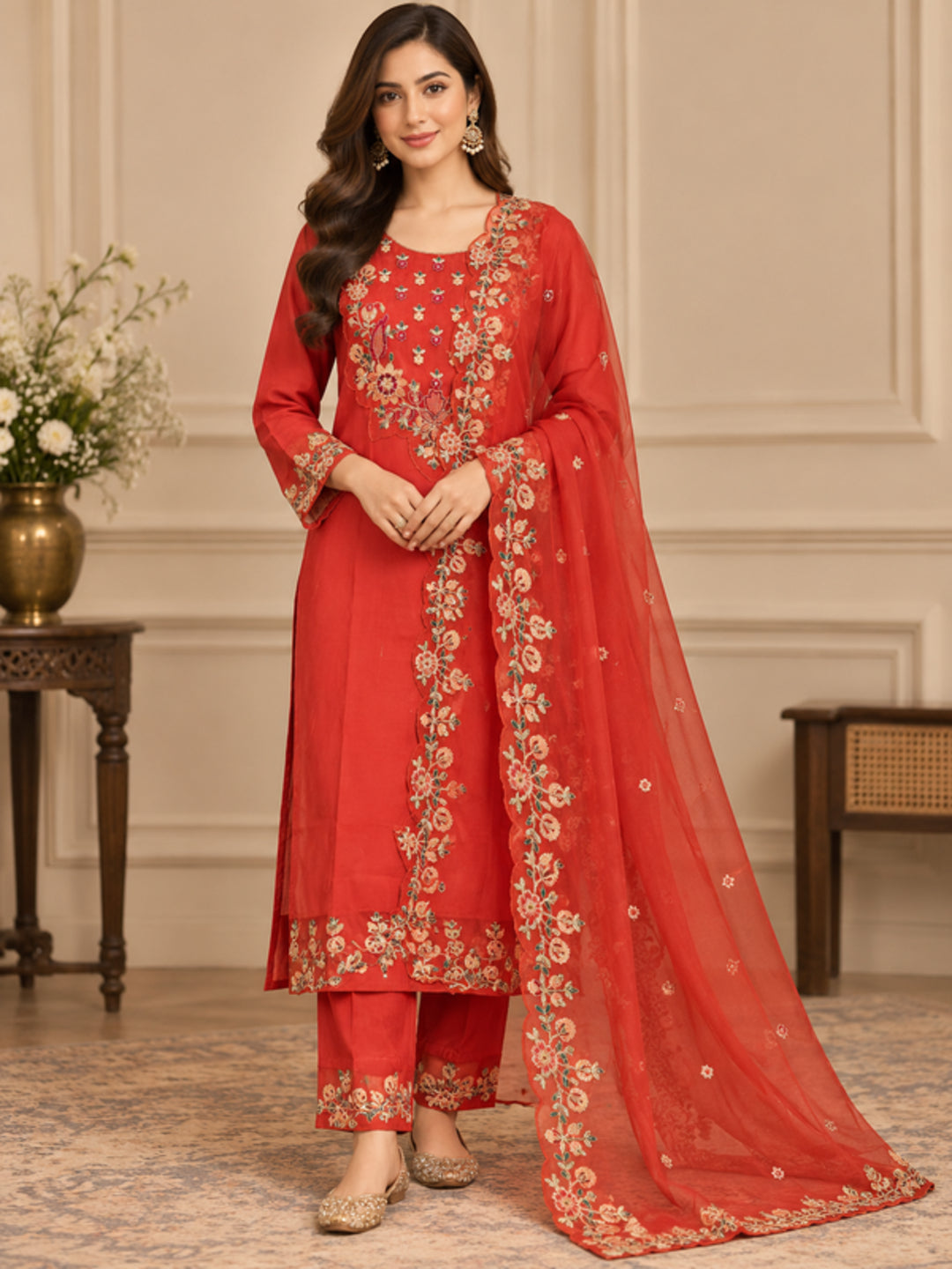 Floral Embroidered Straight Silk Blend Kurta & Trousers Sets