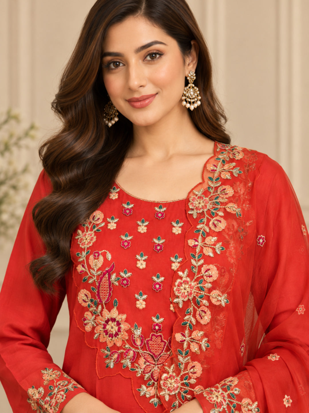 Floral Embroidered Straight Silk Blend Kurta & Trousers Sets