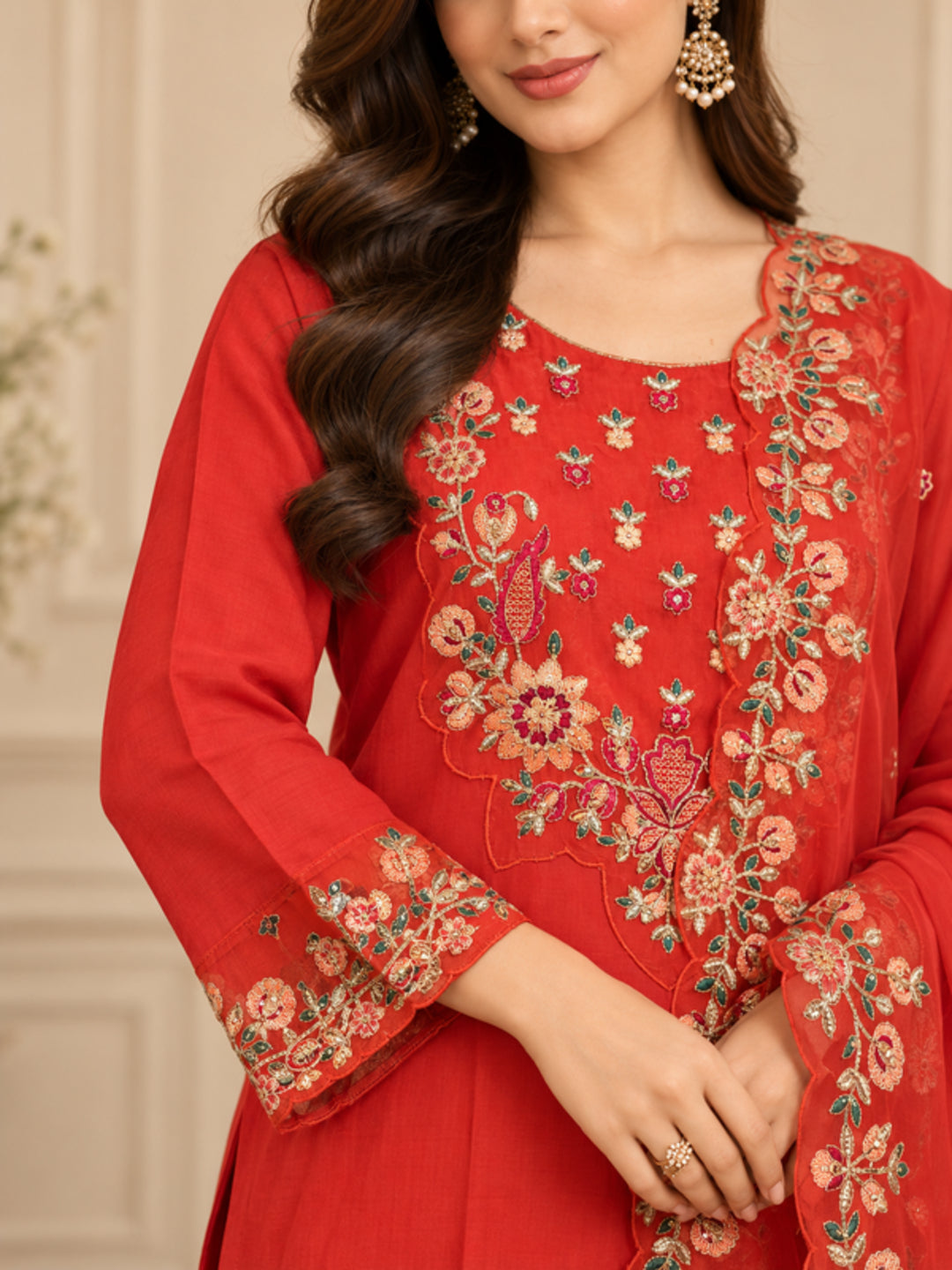 Floral Embroidered Straight Silk Blend Kurta & Trousers Sets