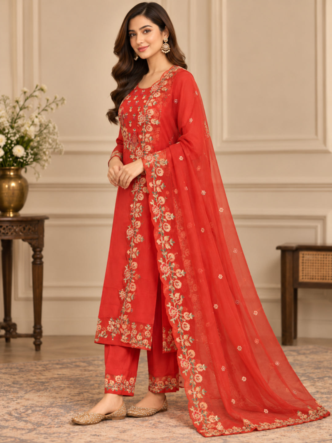 Floral Embroidered Straight Silk Blend Kurta & Trousers Sets