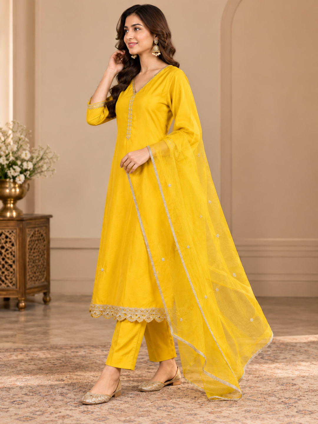 Floral Embroidered Straight Kurta & Trousers Sets