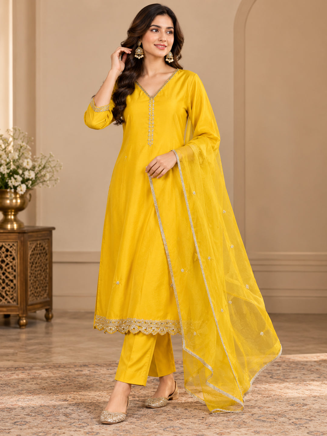 Floral Embroidered Straight Kurta & Trousers Sets