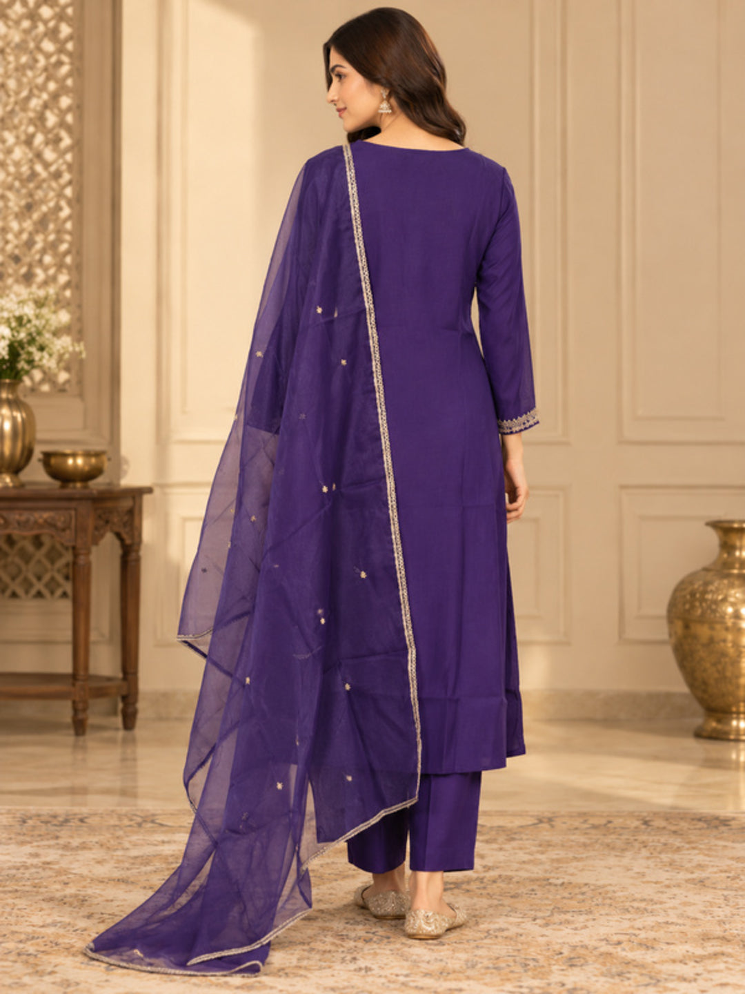 Solid Embroidered Straight Silk Blend Kurta & Trousers Sets