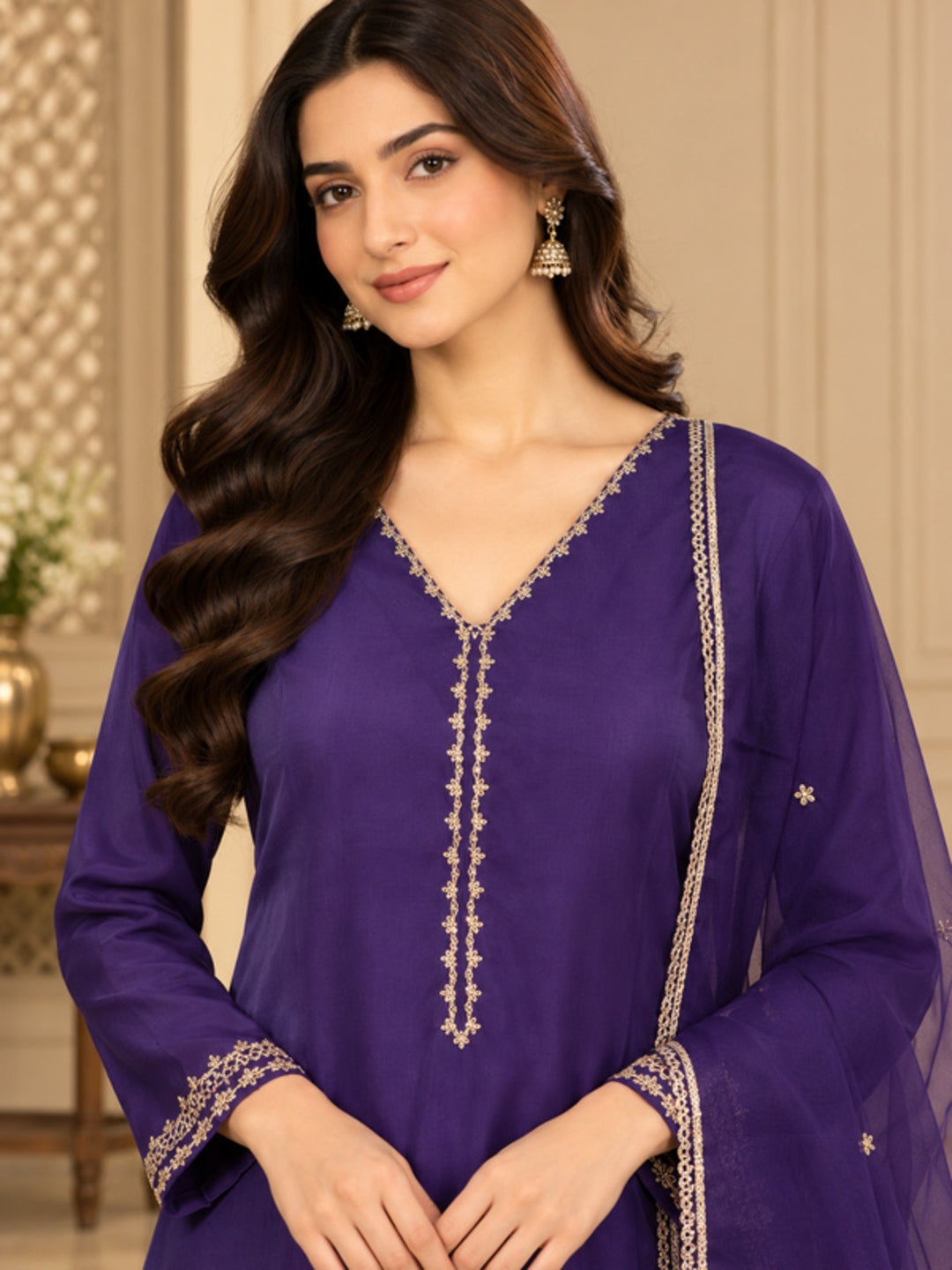 Solid Embroidered Straight Silk Blend Kurta & Trousers Sets
