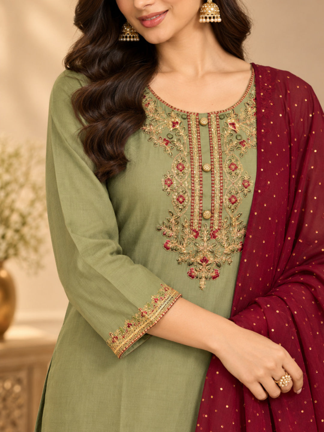 Floral Embroidered Straight Silk Blend Kurta & Trousers Sets