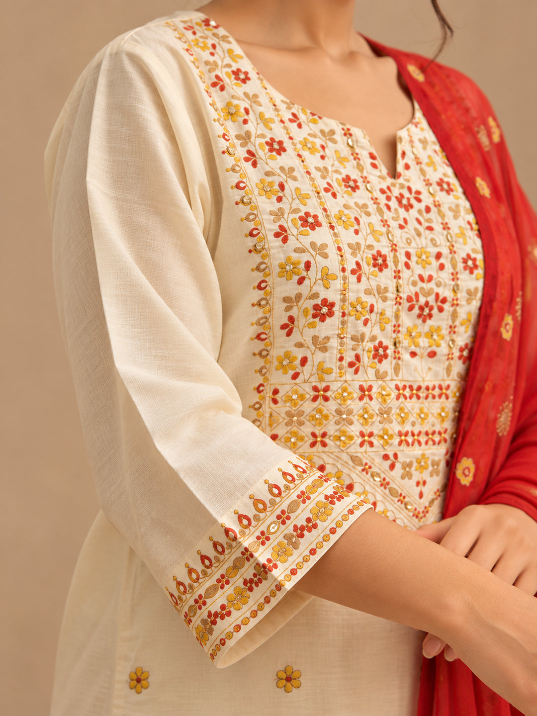 Floral Embroidered Straight Kurta & Trousers Sets