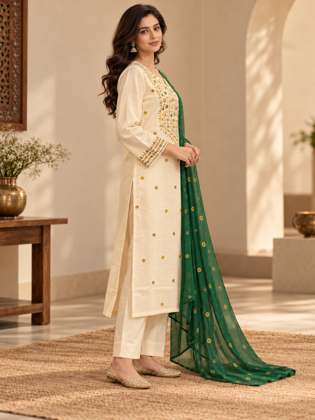 Floral Embroidered Straight Silk Blend Kurta & Trousers Sets
