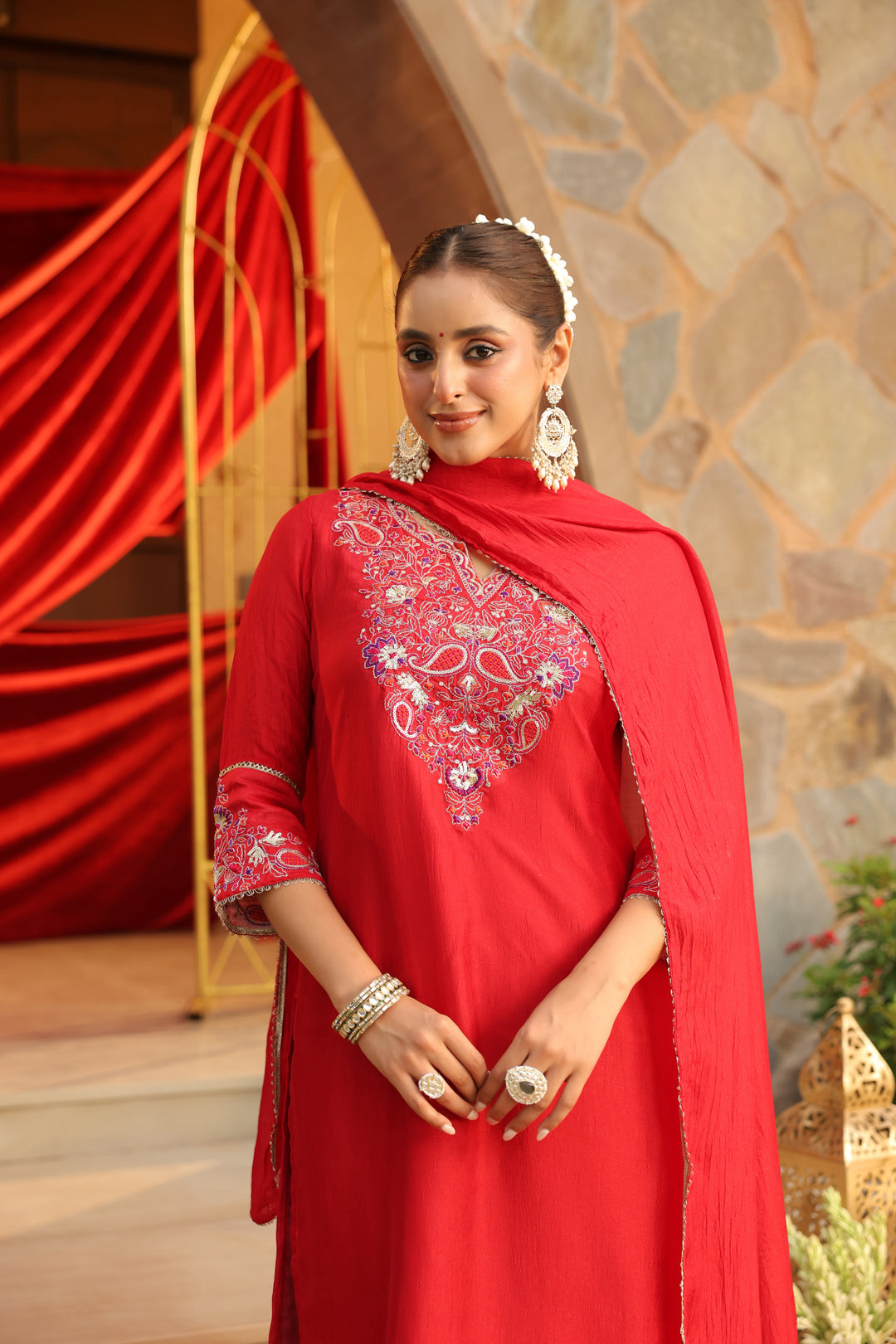 Floral Embroidered Straight Kurta & Trousers Sets
