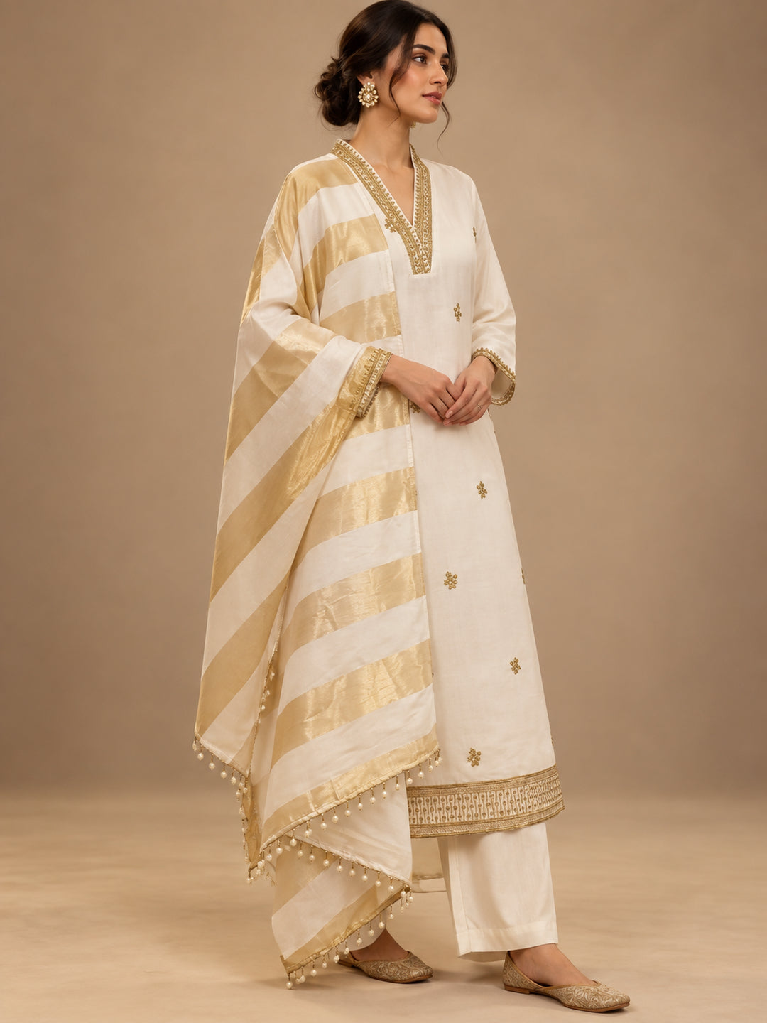 Solid Embroidered Straight Chanderi Cotton Kurta & Trousers Sets