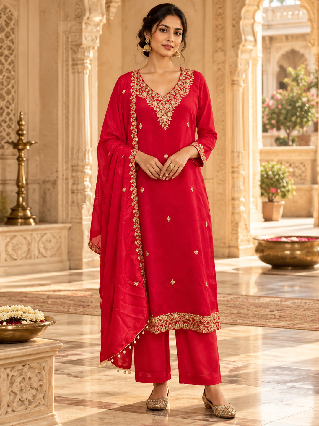 Floral Embroidered Straight Polki Silk Kurta & Trousers Sets