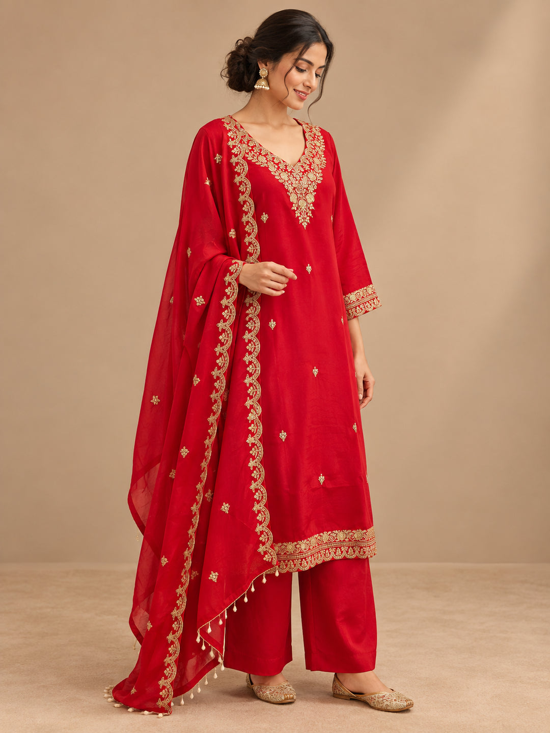 Floral Embroidered Straight Polki Silk Kurta & Trousers Sets