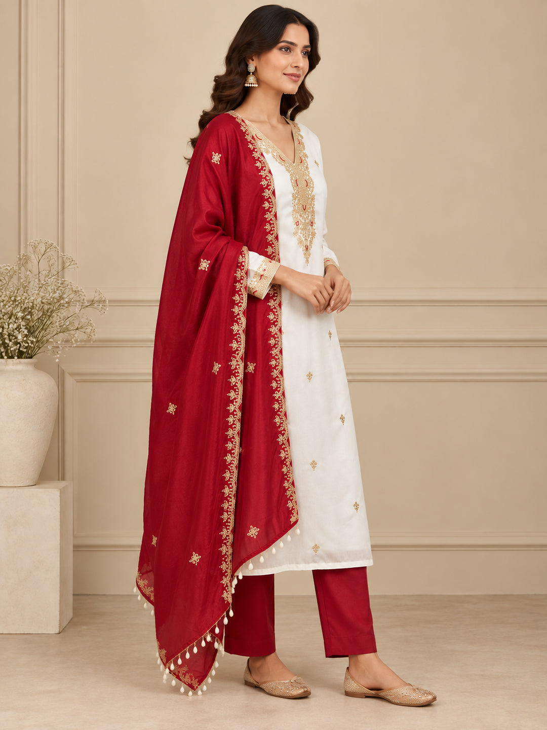 Floral Embroidered Straight Pure Silk Kurta & Trousers Sets