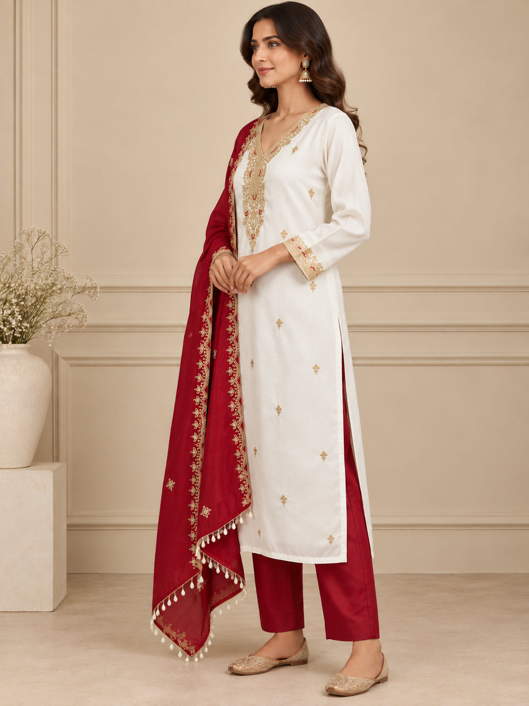 Floral Embroidered Straight Pure Silk Kurta & Trousers Sets