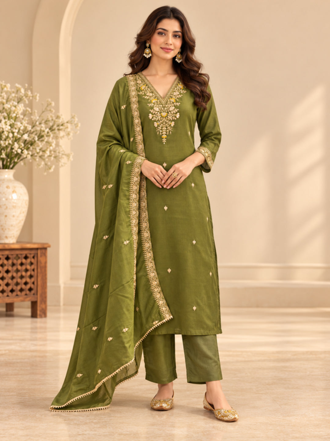 Floral Embroidered Straight Polki Silk Kurta & Trousers Sets