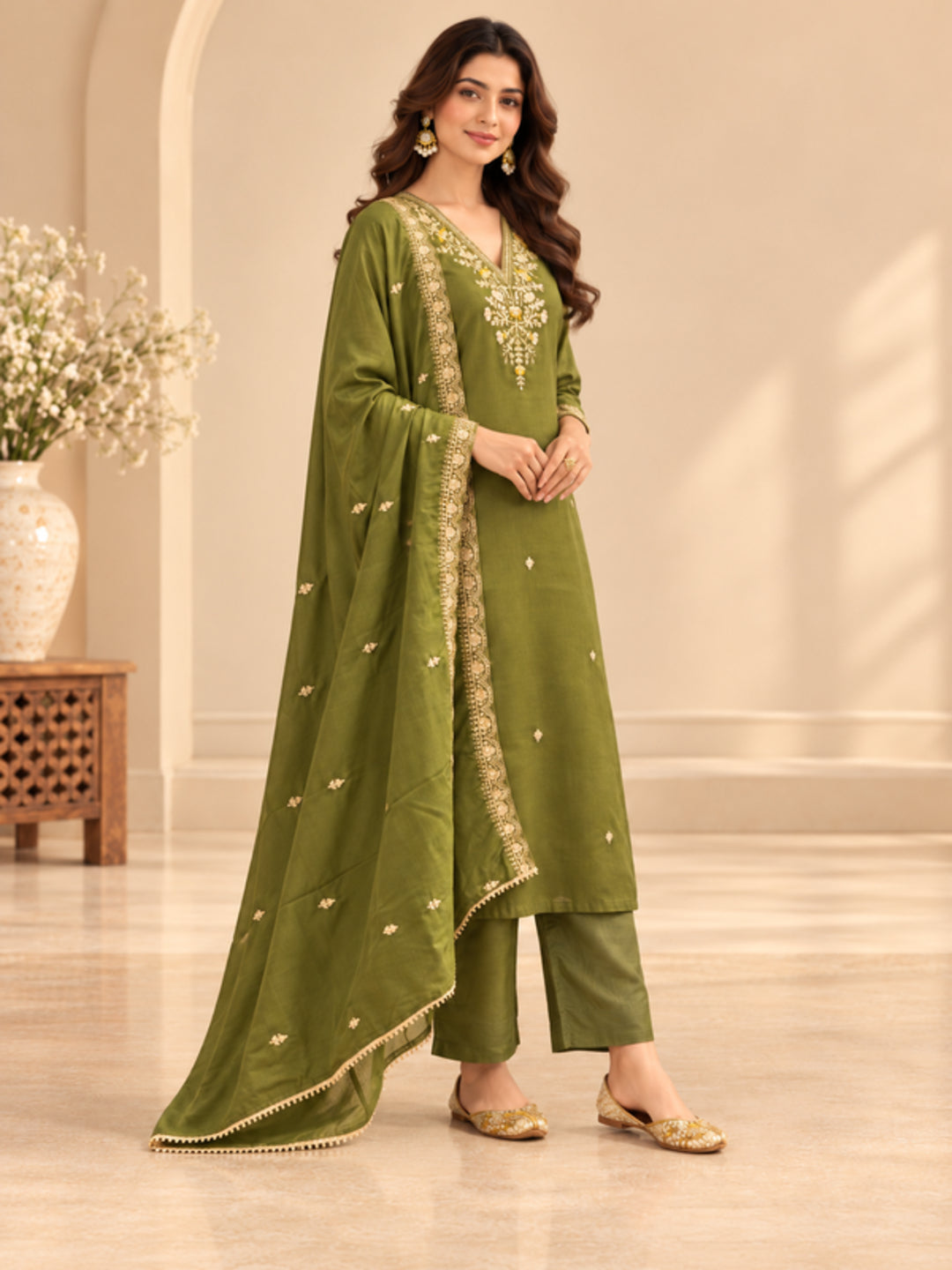 Floral Embroidered Straight Polki Silk Kurta & Trousers Sets