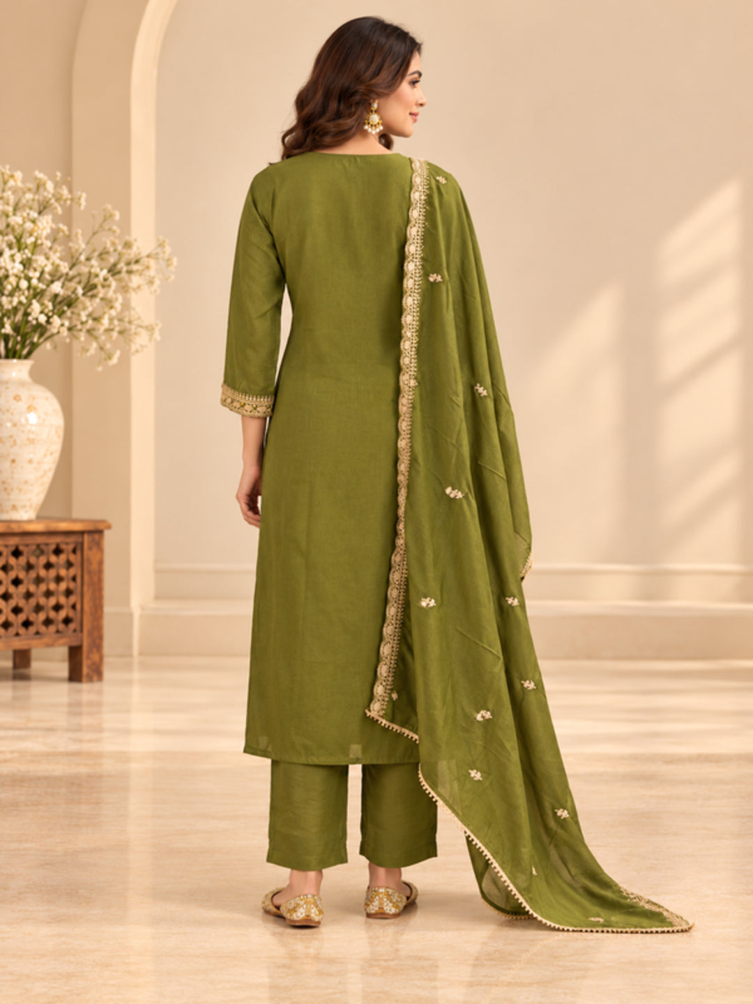 Floral Embroidered Straight Polki Silk Kurta & Trousers Sets