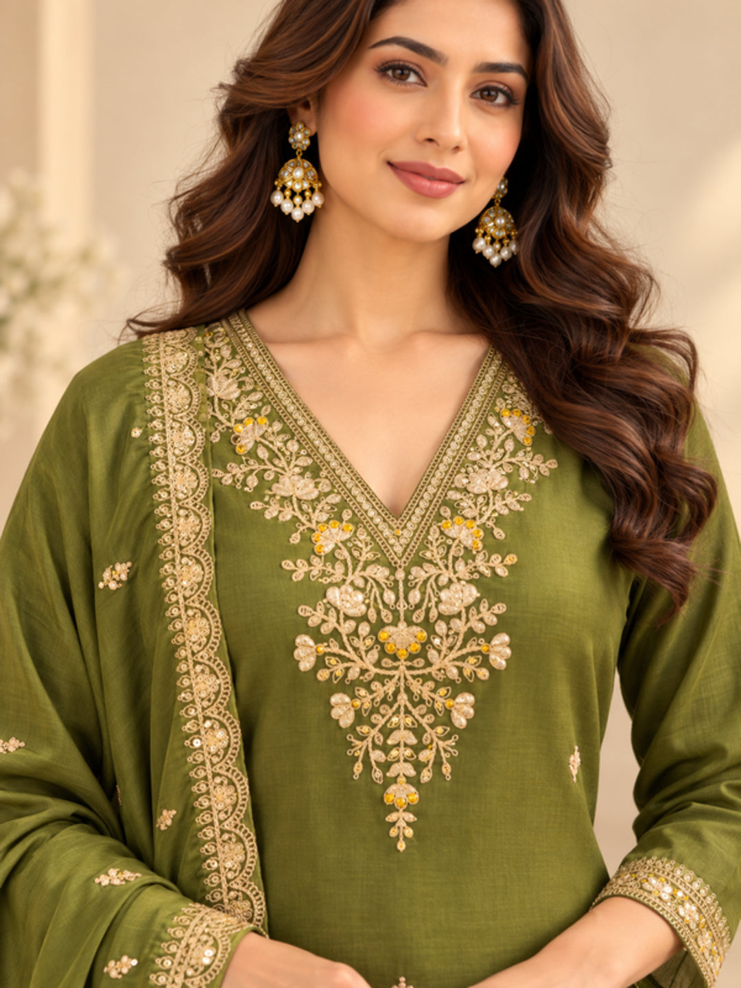 Floral Embroidered Straight Polki Silk Kurta & Trousers Sets