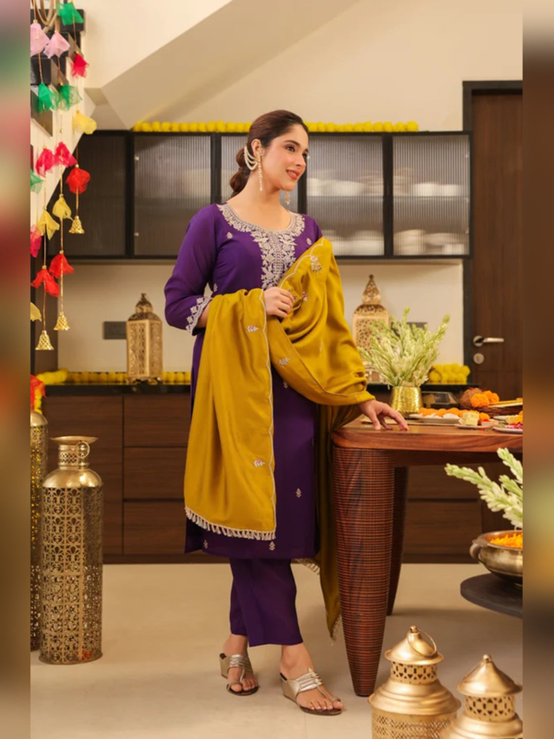 Floral Embroidered Straight Pure Silk Kurta & Trousers Sets