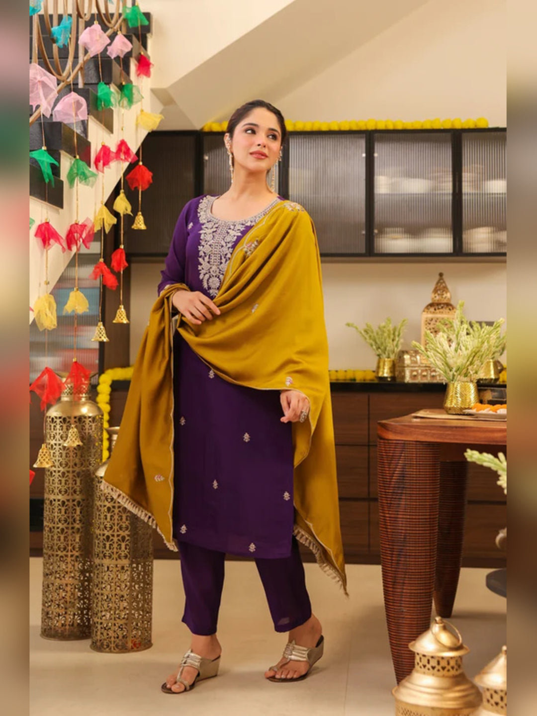 Floral Embroidered Straight Pure Silk Kurta & Trousers Sets