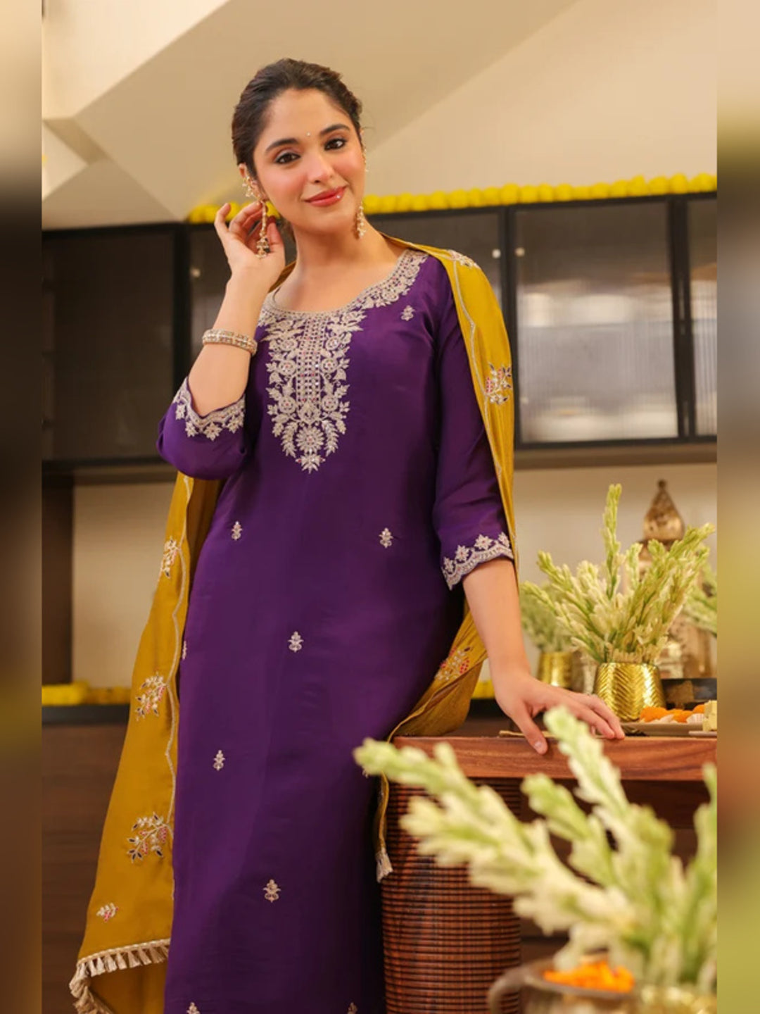 Floral Embroidered Straight Pure Silk Kurta & Trousers Sets
