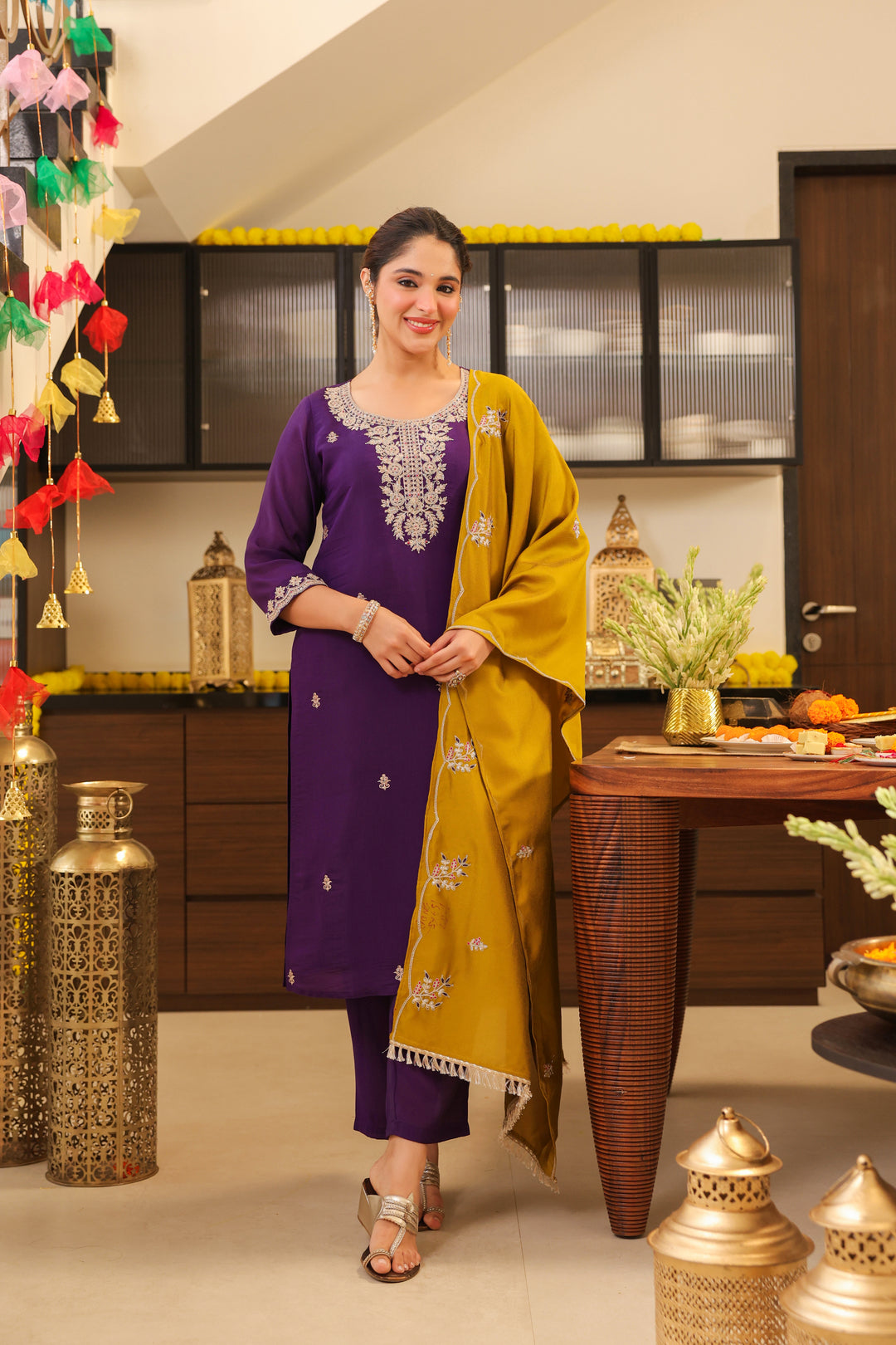 Floral Embroidered Straight Pure Silk Kurta & Trousers Sets