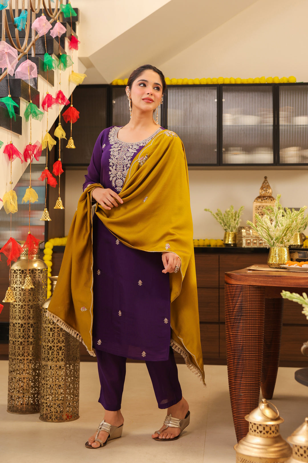 Floral Embroidered Straight Pure Silk Kurta & Trousers Sets