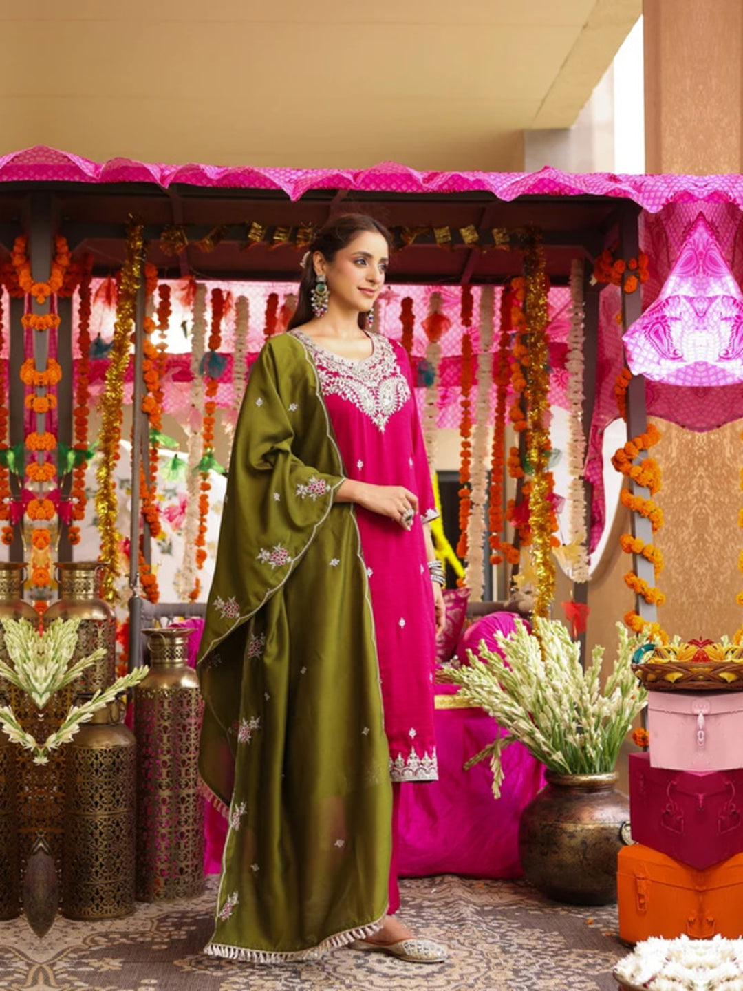 Floral Embroidered Straight Pure Silk Kurta & Trousers Sets
