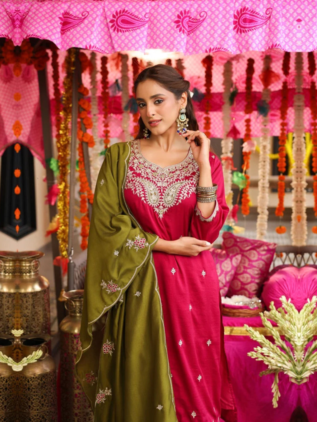 Floral Embroidered Straight Pure Silk Kurta & Trousers Sets