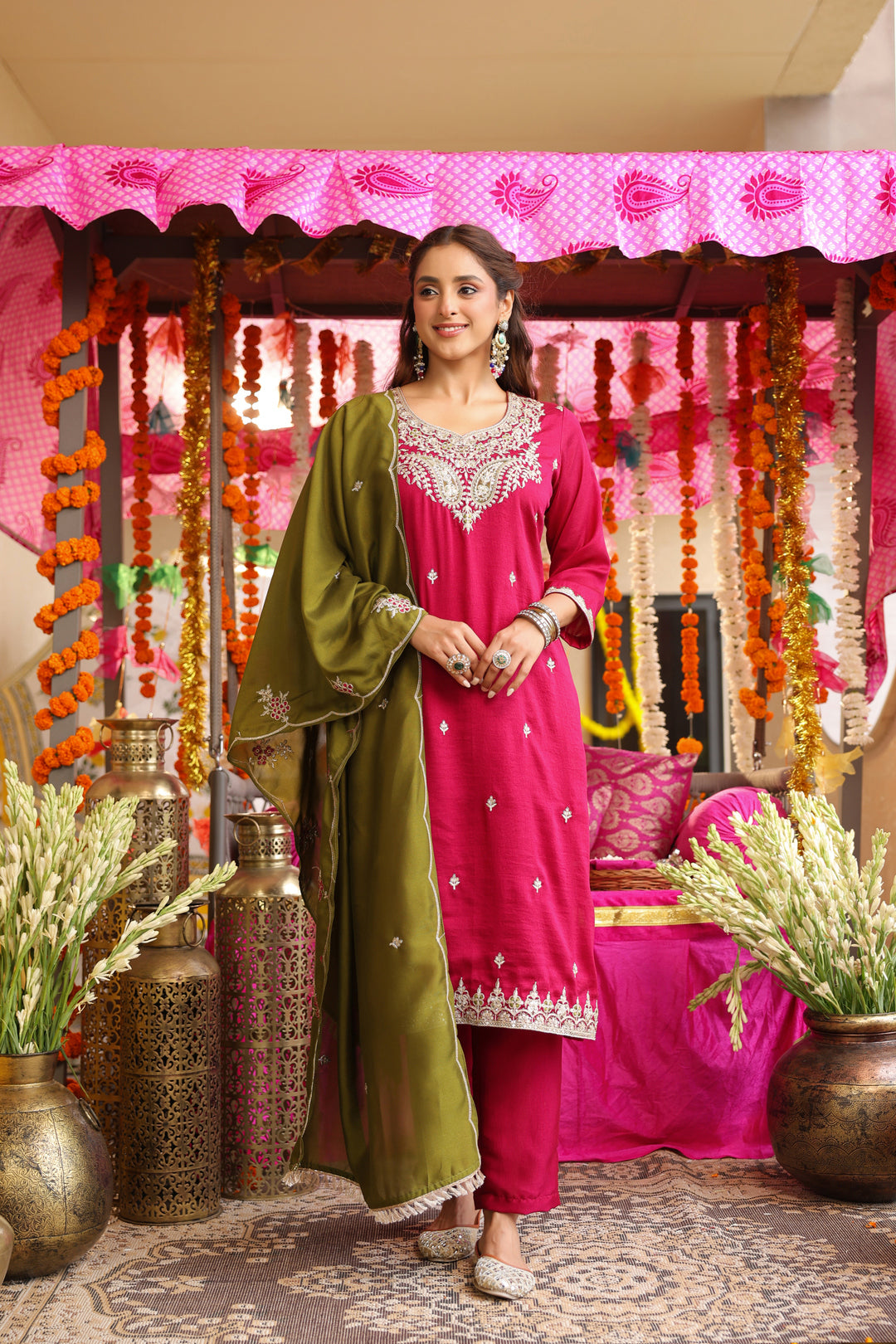 Floral Embroidered Straight Pure Silk Kurta & Trousers Sets