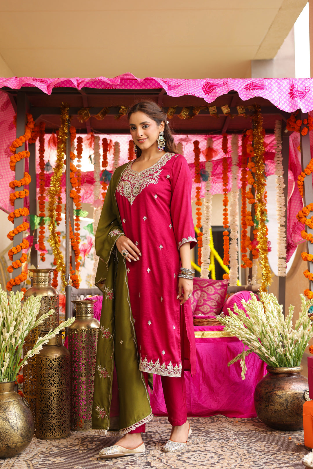 Floral Embroidered Straight Pure Silk Kurta & Trousers Sets