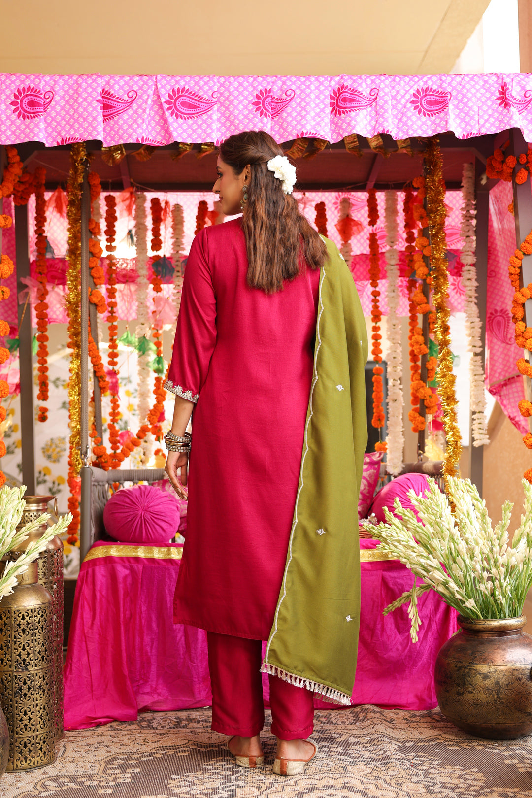 Floral Embroidered Straight Pure Silk Kurta & Trousers Sets