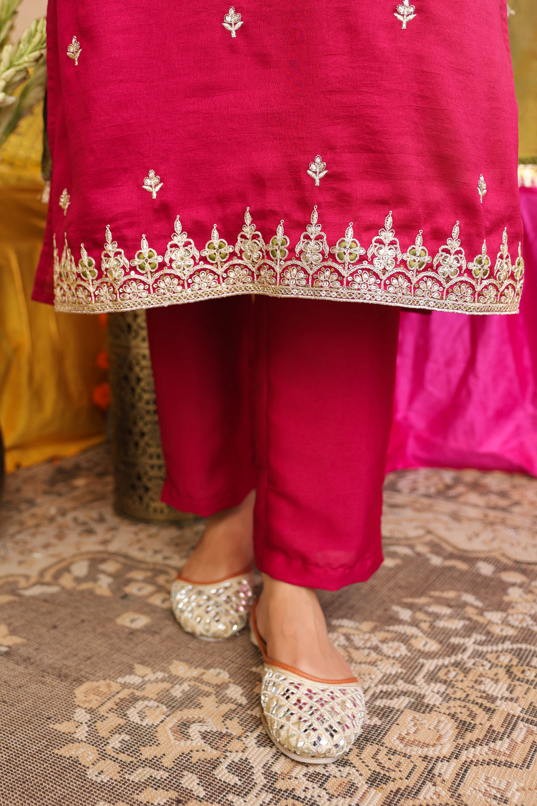Floral Embroidered Straight Pure Silk Kurta & Trousers Sets