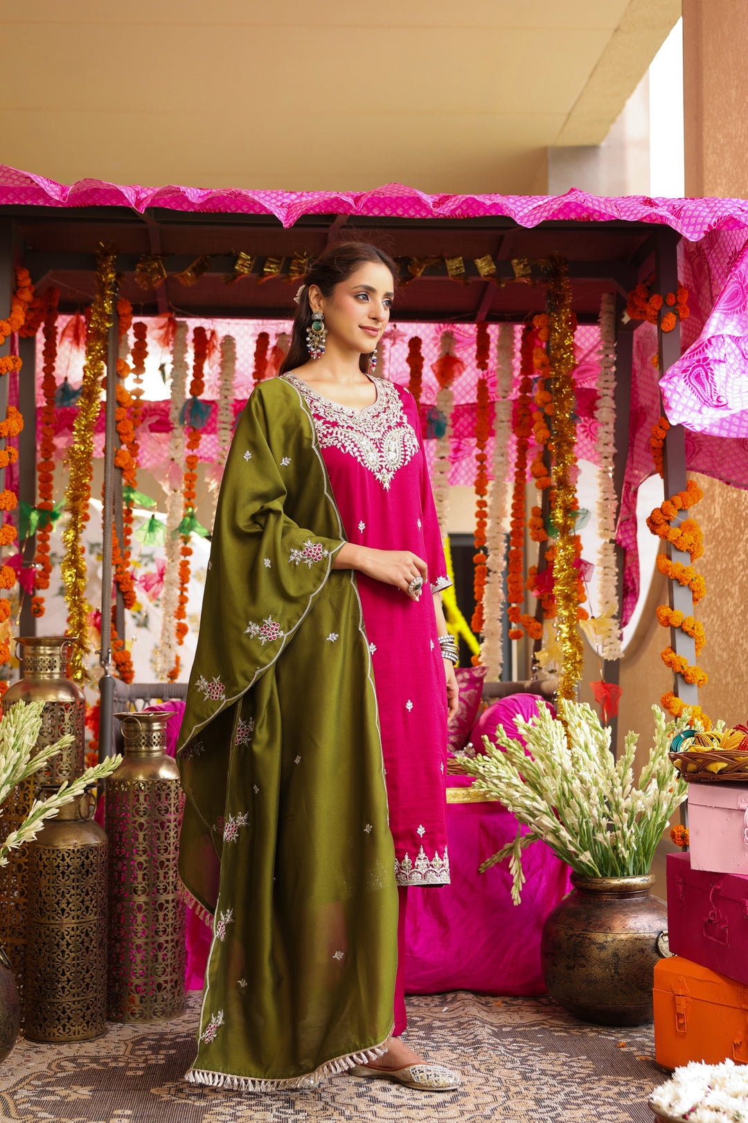 Floral Embroidered Straight Pure Silk Kurta & Trousers Sets
