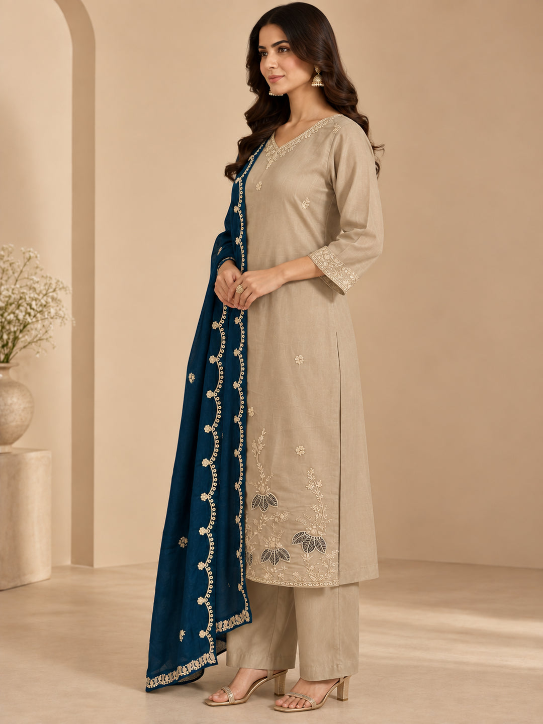 Floral Embroidered Straight Pure Silk Kurta & Trousers Sets