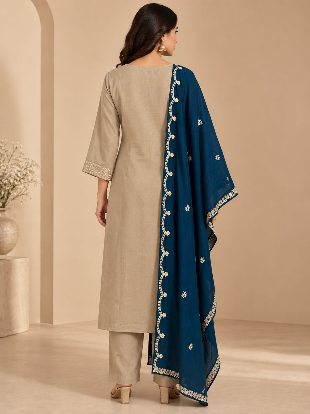 Floral Embroidered Straight Pure Silk Kurta & Trousers Sets