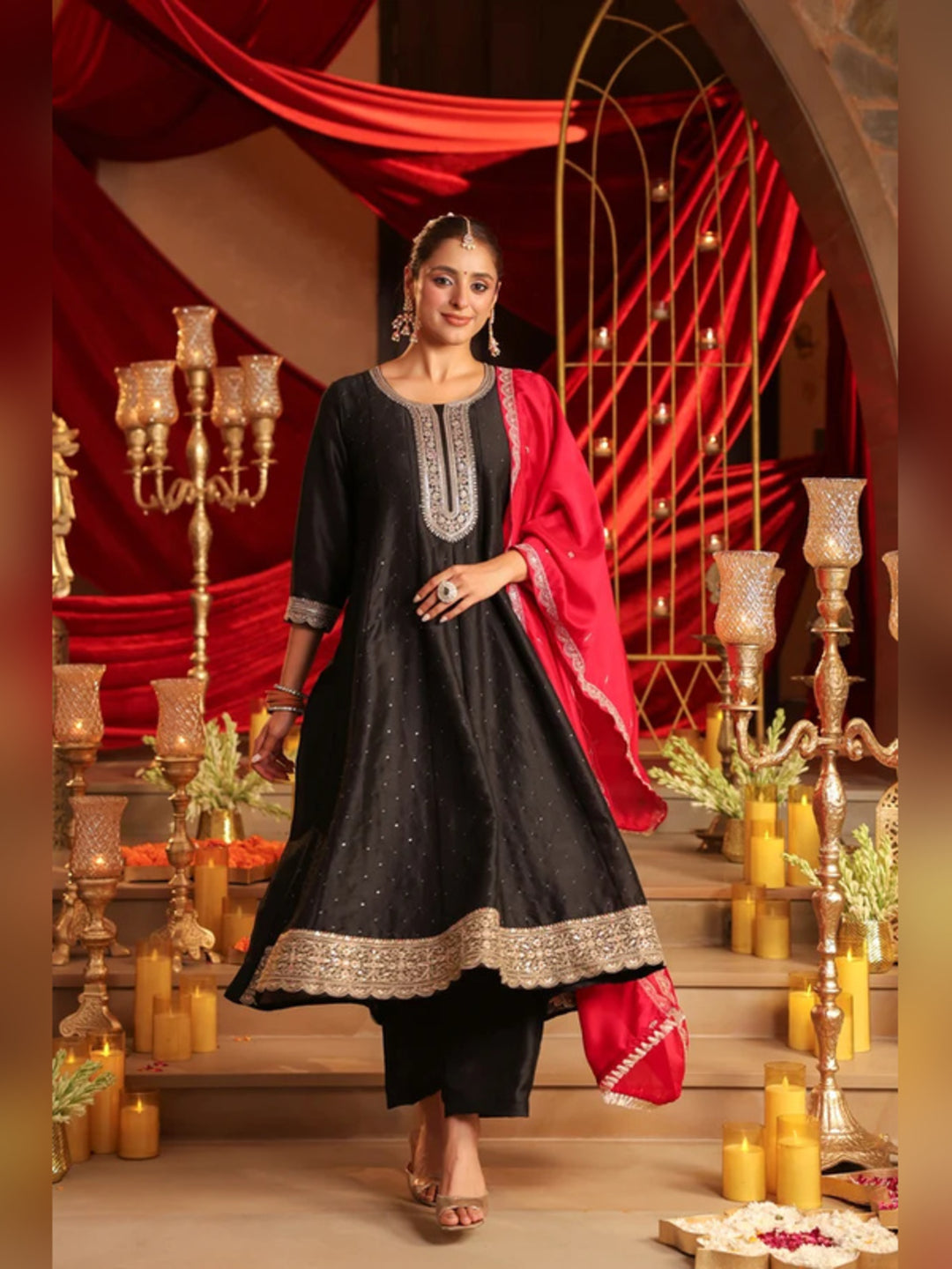 Floral Embroidered A-Line Pure Silk Kurta & Trousers Sets
