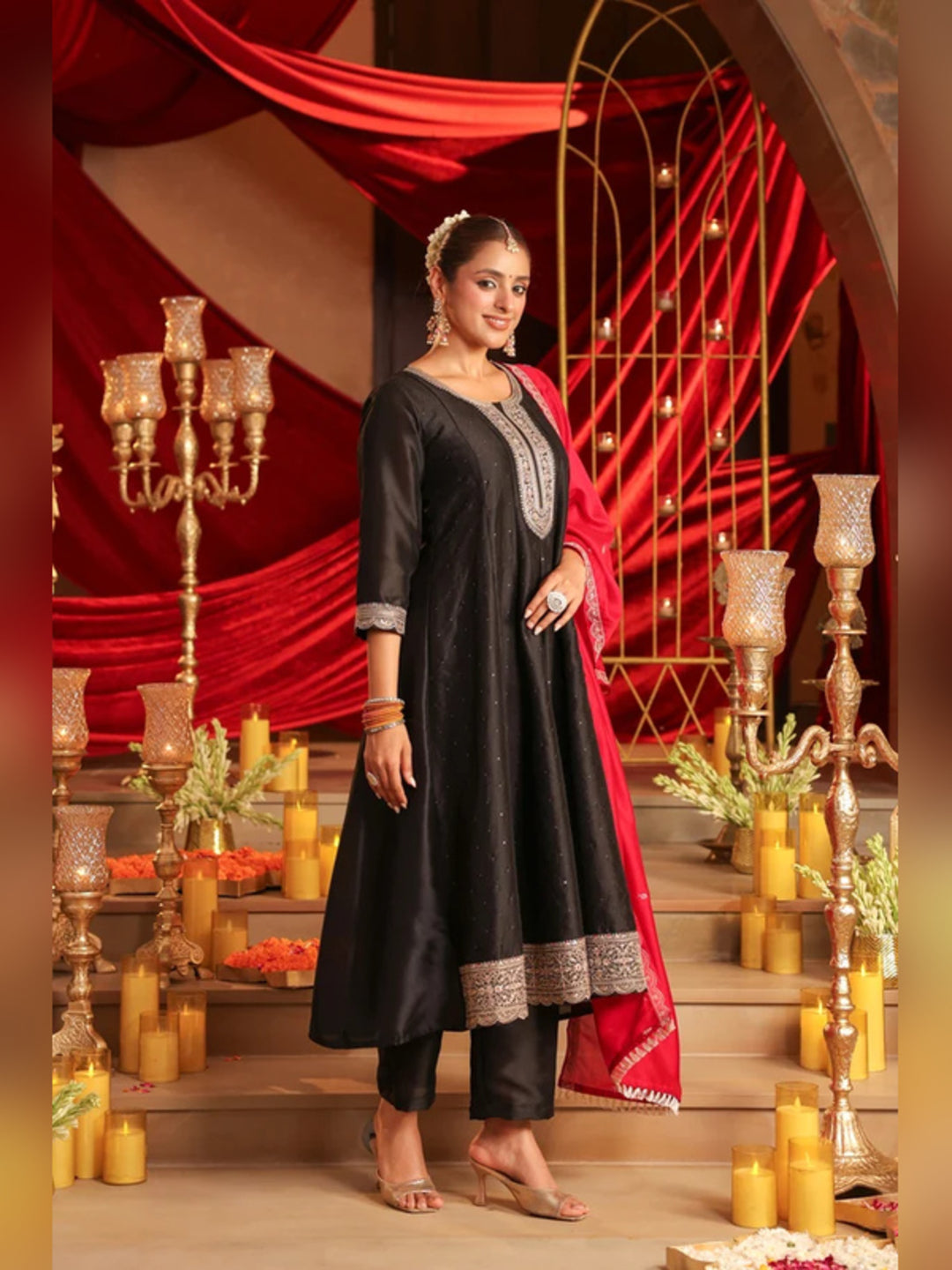 Floral Embroidered A-Line Pure Silk Kurta & Trousers Sets