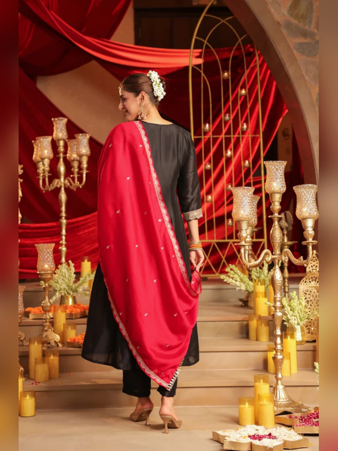 Floral Embroidered A-Line Pure Silk Kurta & Trousers Sets