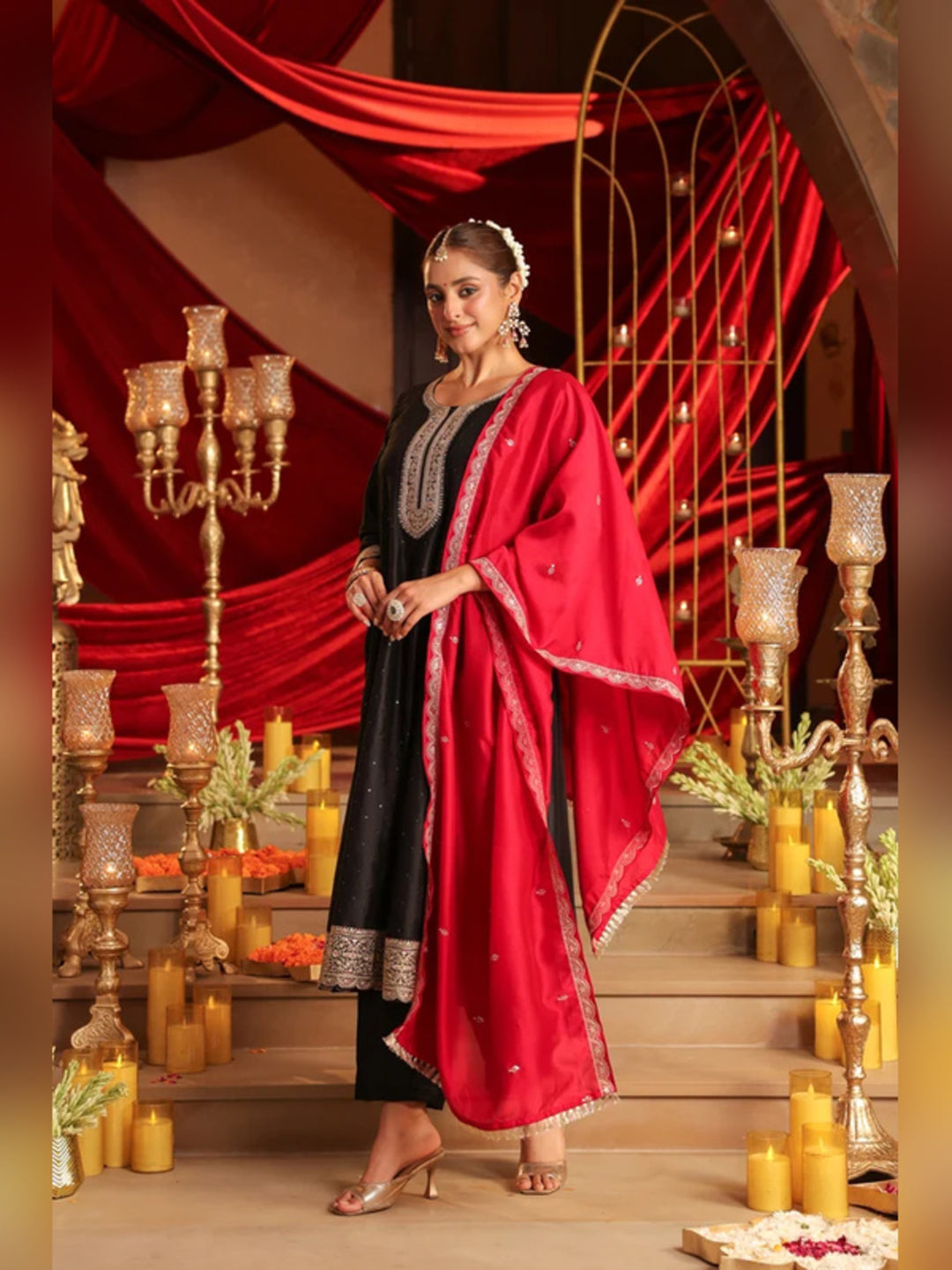 Floral Embroidered A-Line Pure Silk Kurta & Trousers Sets
