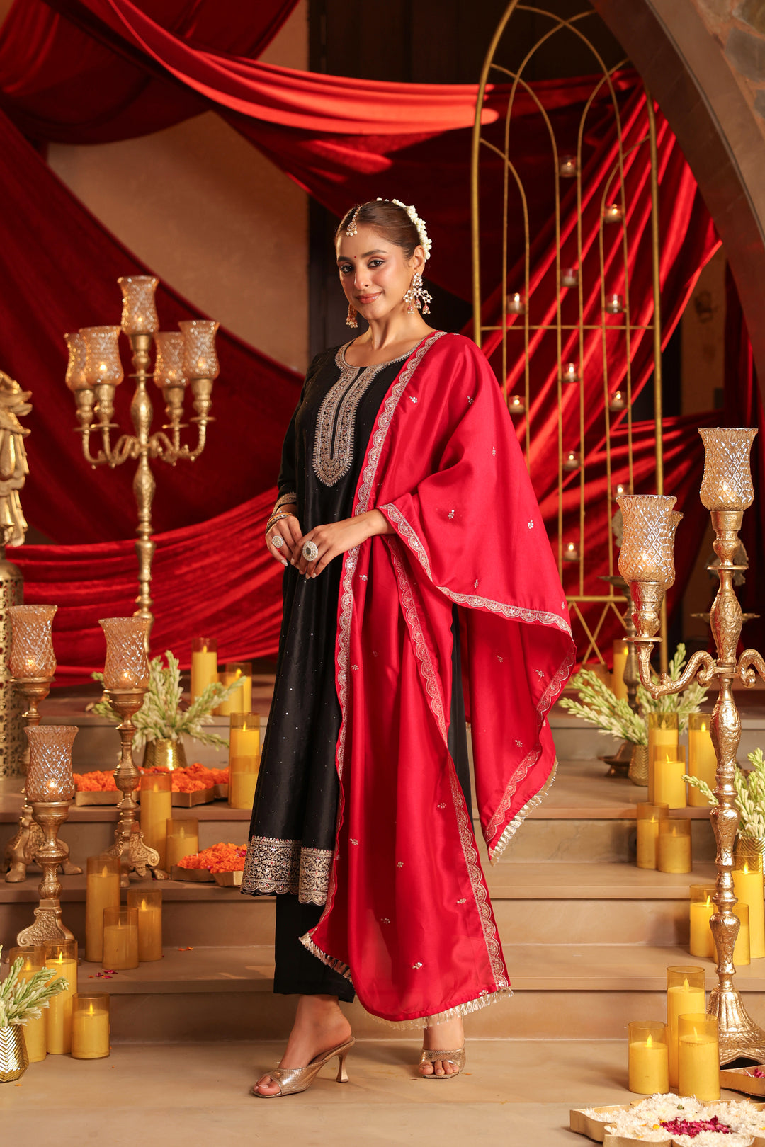 Floral Embroidered A-Line Pure Silk Kurta & Trousers Sets